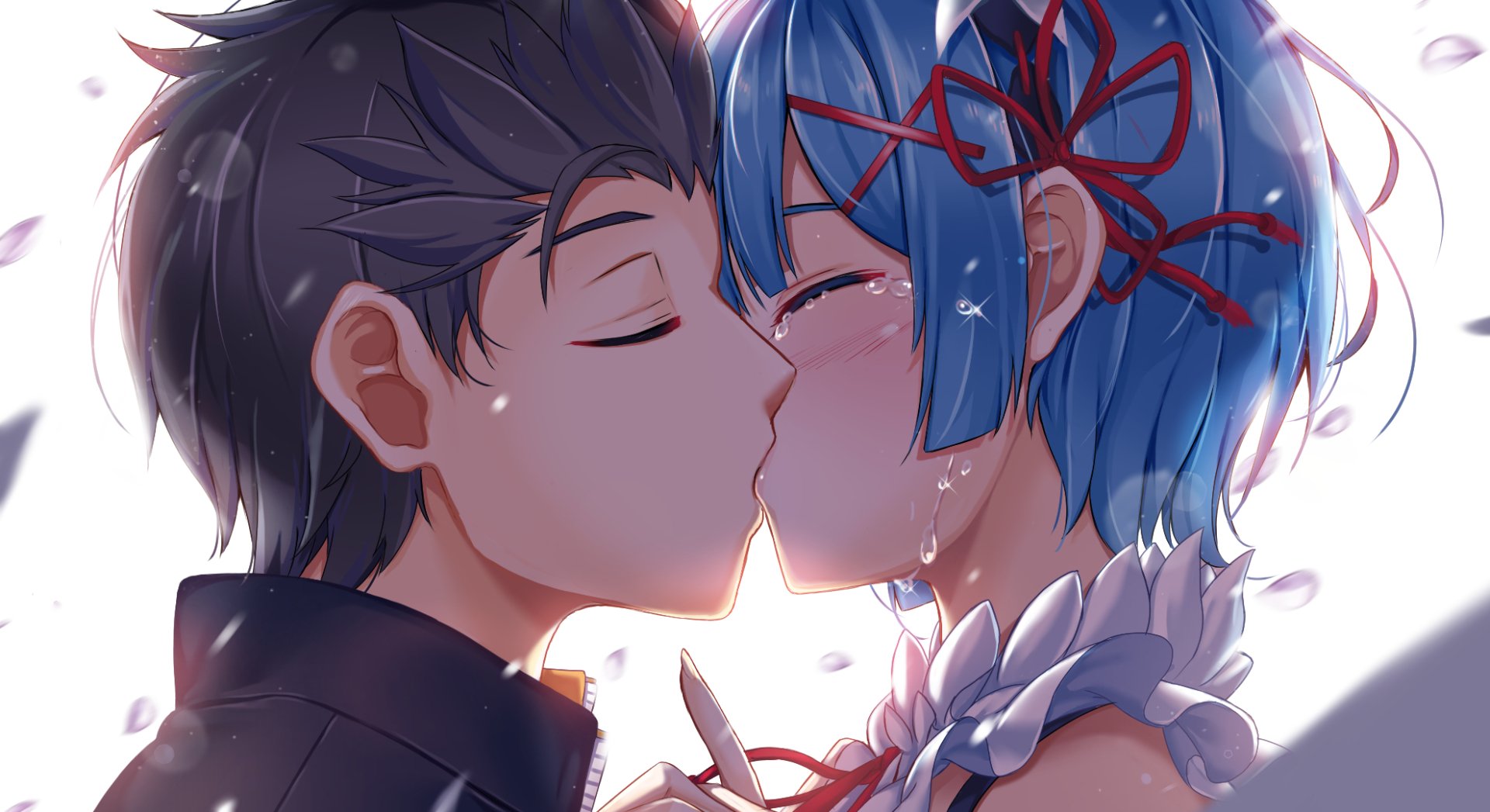 A touching moment between Rem and Subaru Natsuki from Re:ZERO - Starting Life in Another World, portrayed in a vibrant HD wallpaper with a soft, romantic atmosphere.