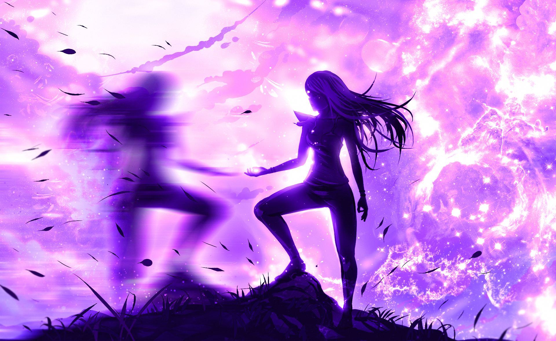 Original fantasy anime HD PC desktop wallpaper: silhouetted heroine stands on a cliff against a swirling purple nebula as a shadowy figure emerges.