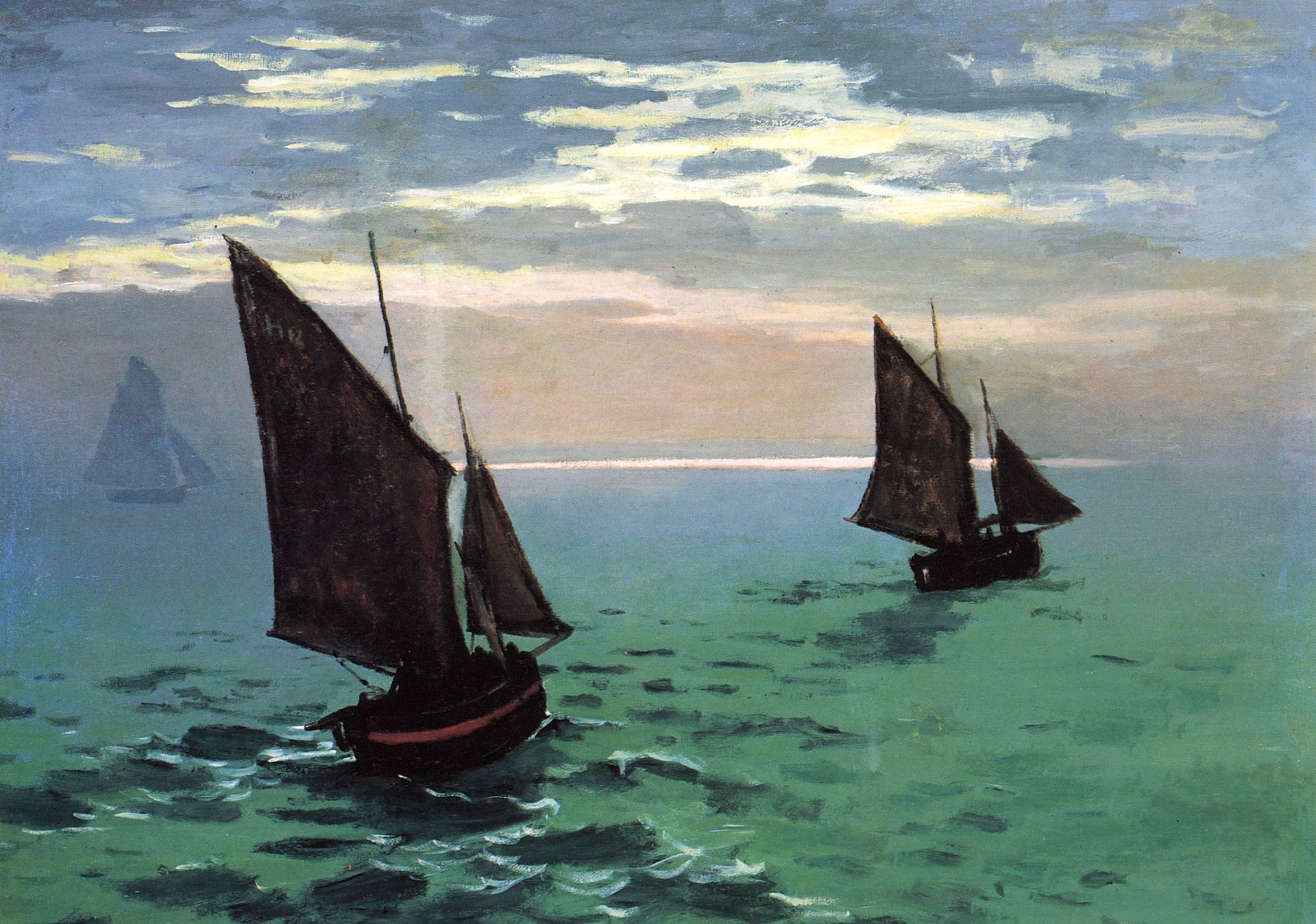 Artistic painting of a sailboat on the ocean at sunset, featured as an HD PC desktop wallpaper and background.