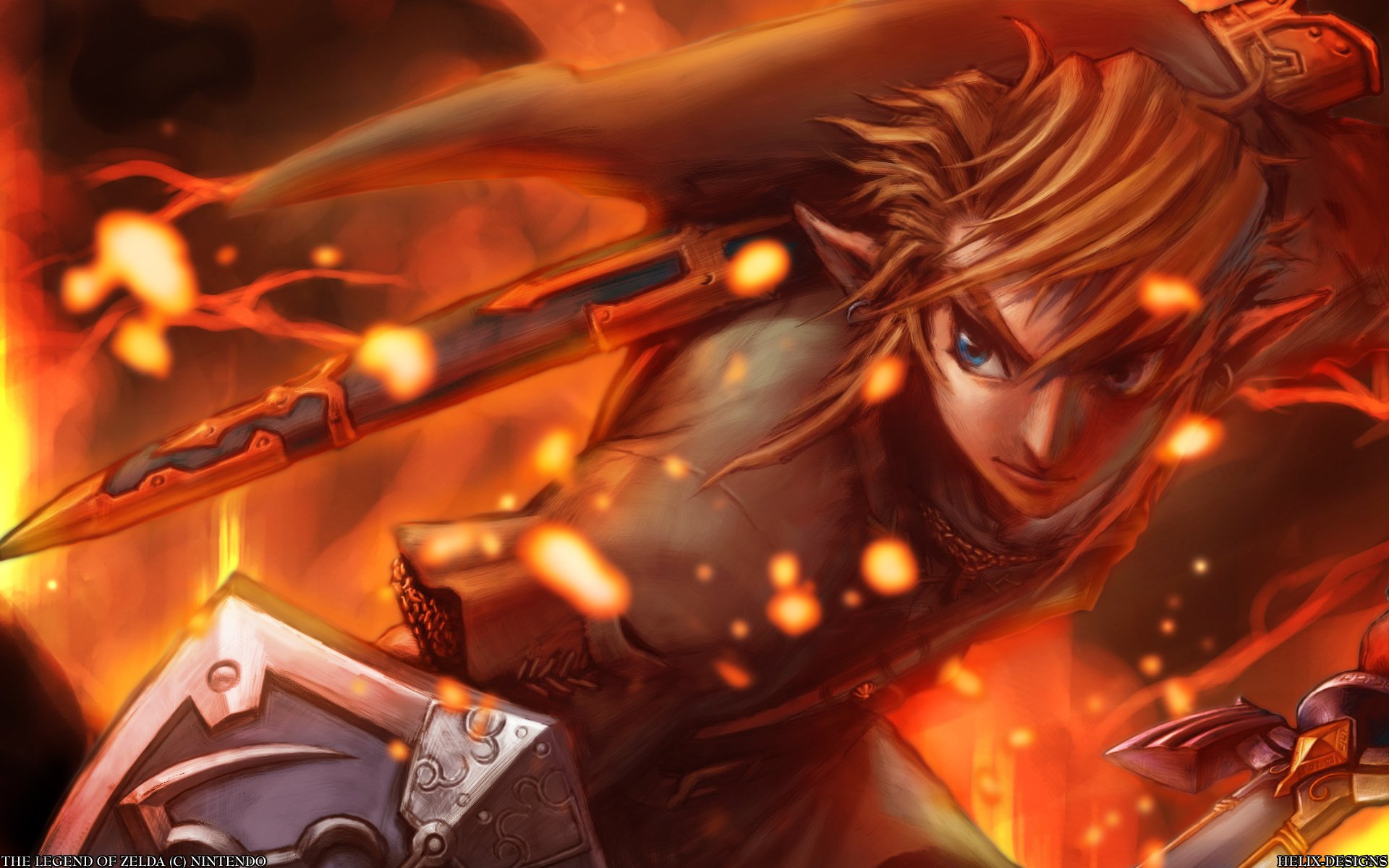 HD PC desktop wallpaper featuring Link from the video game The Legend of Zelda: Twilight Princess in an intense fiery battle scene.