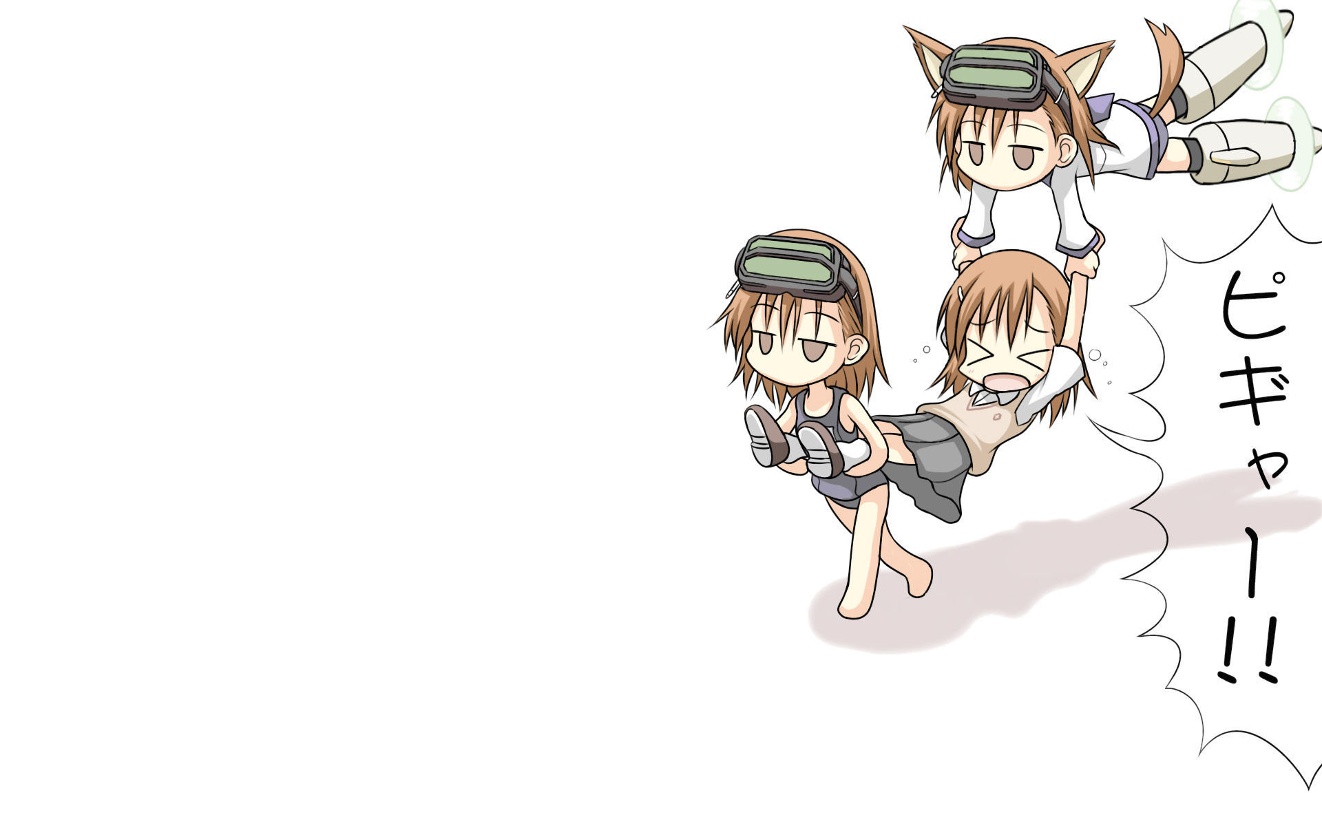 Chibi-style Mikoto Misaka and Sisters characters from A Certain Scientific Railgun in school uniforms, featured in an anime HD desktop wallpaper.