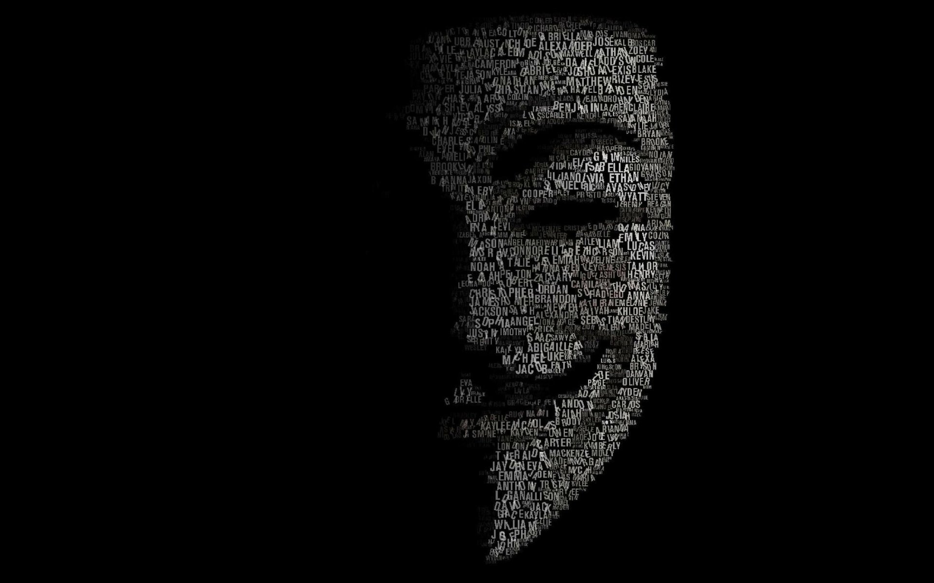 HD wallpaper of an anonymous hacker mask formed by typographic elements on a black background, merging themes of technology and cyber anonymity.