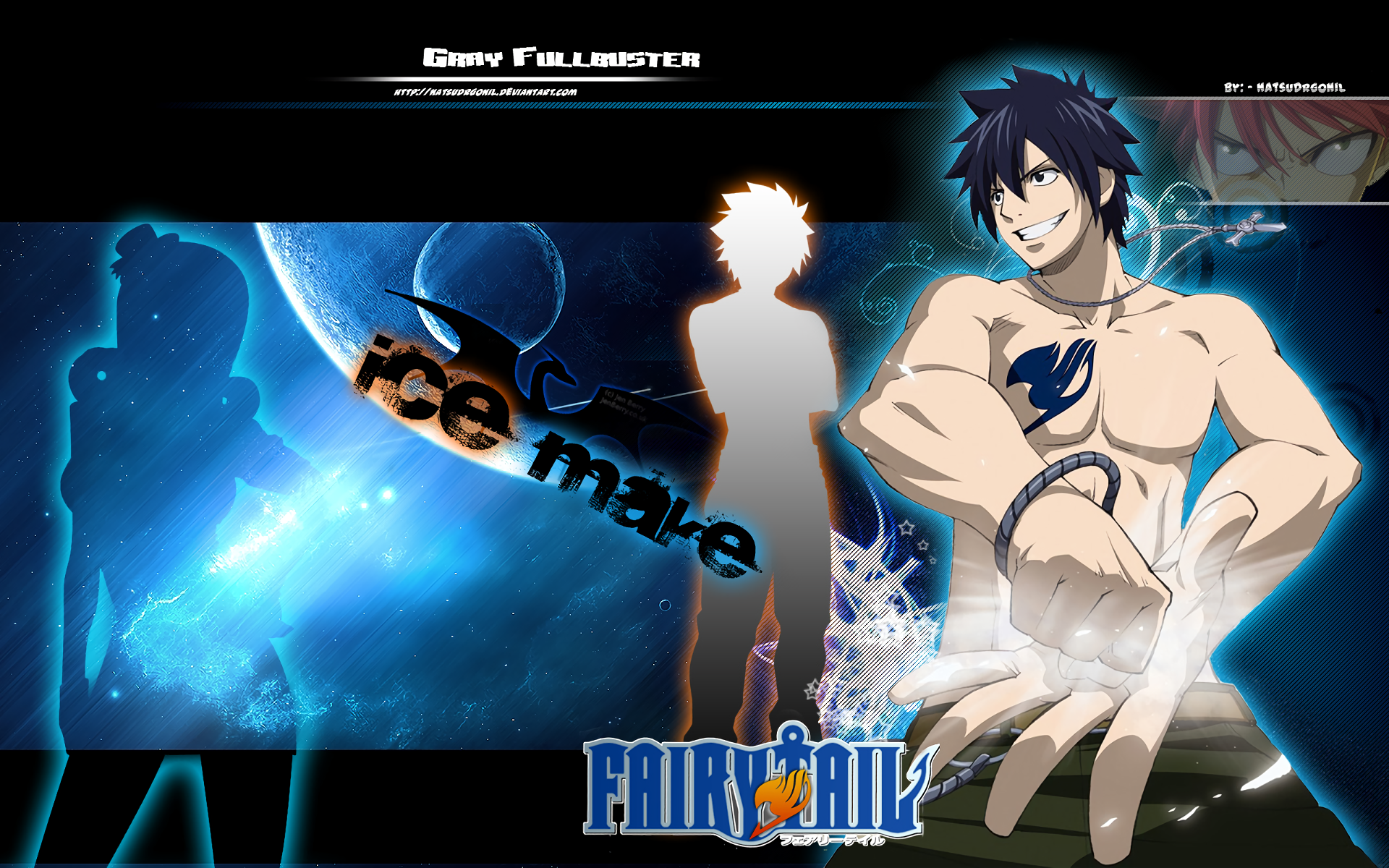 HD PC desktop wallpaper of Gray Fullbuster (Fairy Tail) — shirtless anime scene of him summoning ice claws against a blue cosmic background with the Fairy Tail logo.
