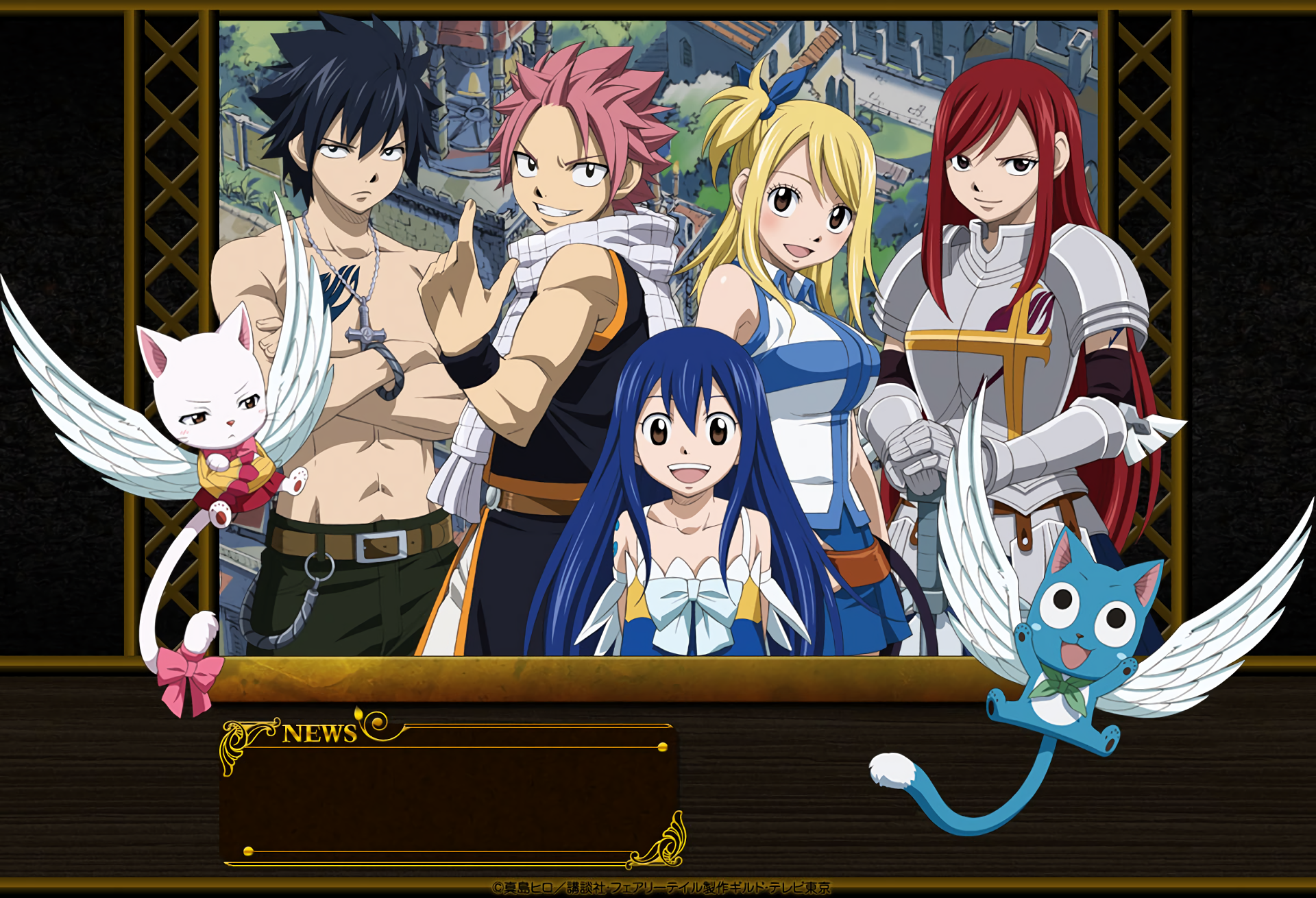HD PC wallpaper featuring Fairy Tail characters Natsu Dragneel, Lucy Heartfilia, Gray Fullbuster, Erza Scarlet, Wendy Marvell, Happy, and Charles in vibrant anime style.