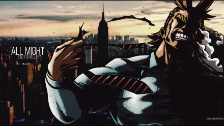 HD desktop wallpaper of All Might from the anime My Hero Academia. All Might is depicted tearing his shirt, with a cityscape background under a dramatic sky. Text on the image reads All Might One For All.