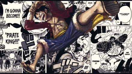 Anime wallpaper featuring Monkey D. Luffy from One Piece, showcasing dynamic action with bold comic-style elements and vibrant colors. A striking visual for fans of the series.