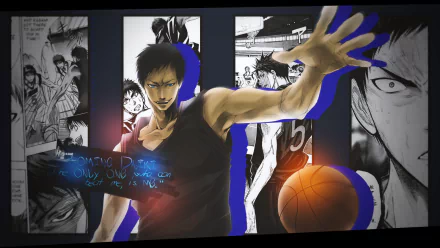 HD wallpaper featuring Daiki Aomine from the anime Kuroko's Basketball, showcasing his dynamic pose with a basketball against a backdrop of action-packed scenes.