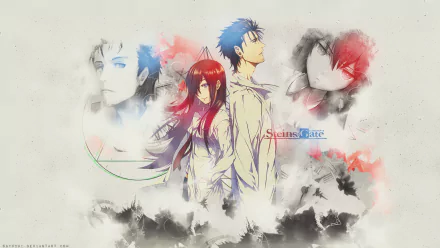 HD desktop wallpaper featuring Rintaro Okabe and Kurisu Makise from the anime Steins;Gate, surrounded by abstract elements and character portraits.