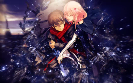 A captivating HD wallpaper featuring characters from the anime Guilty Crown, set against a dynamic backdrop of swirling light and energy, embodying themes of connection and conflict.