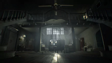 HD PC desktop wallpaper featuring a dark, eerie interior from the video game Resident Evil 7: Biohazard, capturing its tense and suspenseful atmosphere.