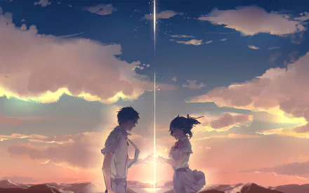 HD desktop wallpaper featuring Taki Tachibana and Mitsuha Miyamizu from the anime Your Name., standing opposite each other with a beautiful sunset in the background.