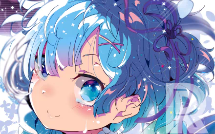 A vibrant HD desktop wallpaper featuring Rem from Re:ZERO - Starting Life in Another World, showcasing her expressive blue hair and captivating eyes surrounded by a dreamy background.