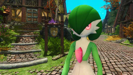 Gardevoir from Pokémon stands on a cobblestone fantasy village street, bright crossover video game scene rendered as a 4K Ultra HD PC desktop wallpaper/background with vivid colors and detail.