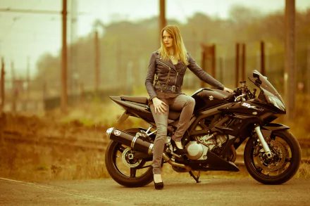 Blonde woman wearing leather jacket posing confidently on a black Suzuki sportbike in an outdoor industrial setting, captured in a high-definition PC wallpaper style.