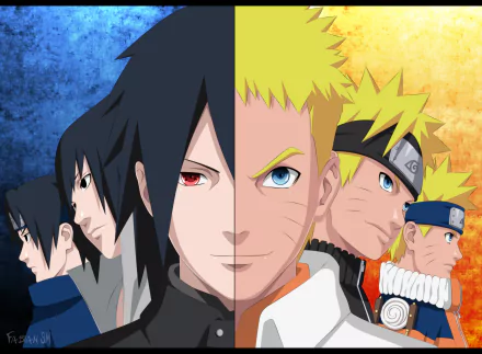 High-definition desktop wallpaper featuring Sasuke Uchiha and Naruto Uzumaki from the anime Naruto, showcasing their contrasting personalities and iconic styles against a colorful backdrop.