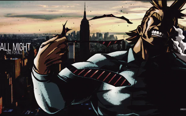 HD desktop wallpaper of All Might from the anime My Hero Academia. All Might is depicted tearing his shirt, with a cityscape background under a dramatic sky. Text on the image reads All Might One For All.