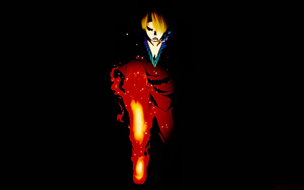 HD PC desktop wallpaper featuring Sanji from One Piece, depicted in dynamic anime style with fiery effects against a dark background.
