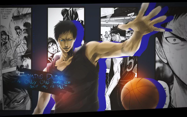 HD wallpaper featuring Daiki Aomine from the anime Kuroko's Basketball, showcasing his dynamic pose with a basketball against a backdrop of action-packed scenes.