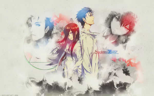 HD desktop wallpaper featuring Rintaro Okabe and Kurisu Makise from the anime Steins;Gate, surrounded by abstract elements and character portraits.