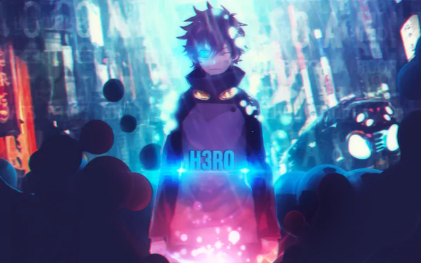 HD PC desktop wallpaper featuring Leonardo Watch from the anime Blood Blockade Battlefront, glowing with vibrant blue energy in a dynamic cityscape background.