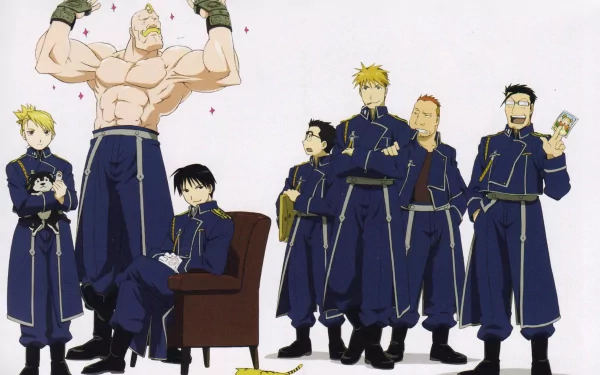 HD desktop wallpaper featuring characters Maes Hughes, Kain Fuery, Jean Havoc, Heymans Breda, Roy Mustang, Riza Hawkeye, and Alex Louis Armstrong from the anime Fullmetal Alchemist.