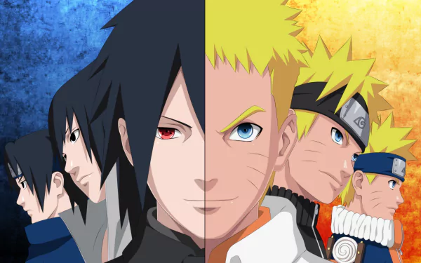 High-definition desktop wallpaper featuring Sasuke Uchiha and Naruto Uzumaki from the anime Naruto, showcasing their contrasting personalities and iconic styles against a colorful backdrop.