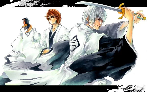 Three characters from the anime Bleach—Kaname Tosen, Sōsuke Aizen, and Gin Ichimaru—are depicted in dynamic poses, showcasing their distinct styles in this HD desktop wallpaper.