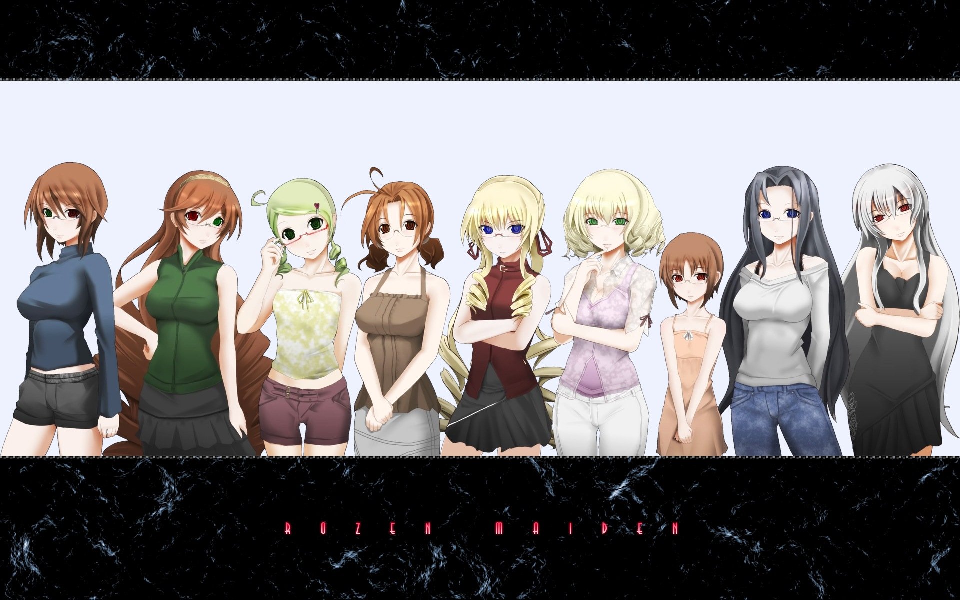 A vibrant HD desktop wallpaper featuring characters from the anime Rozen Maiden, showcasing a diverse array of designs and poses against a marbled background.