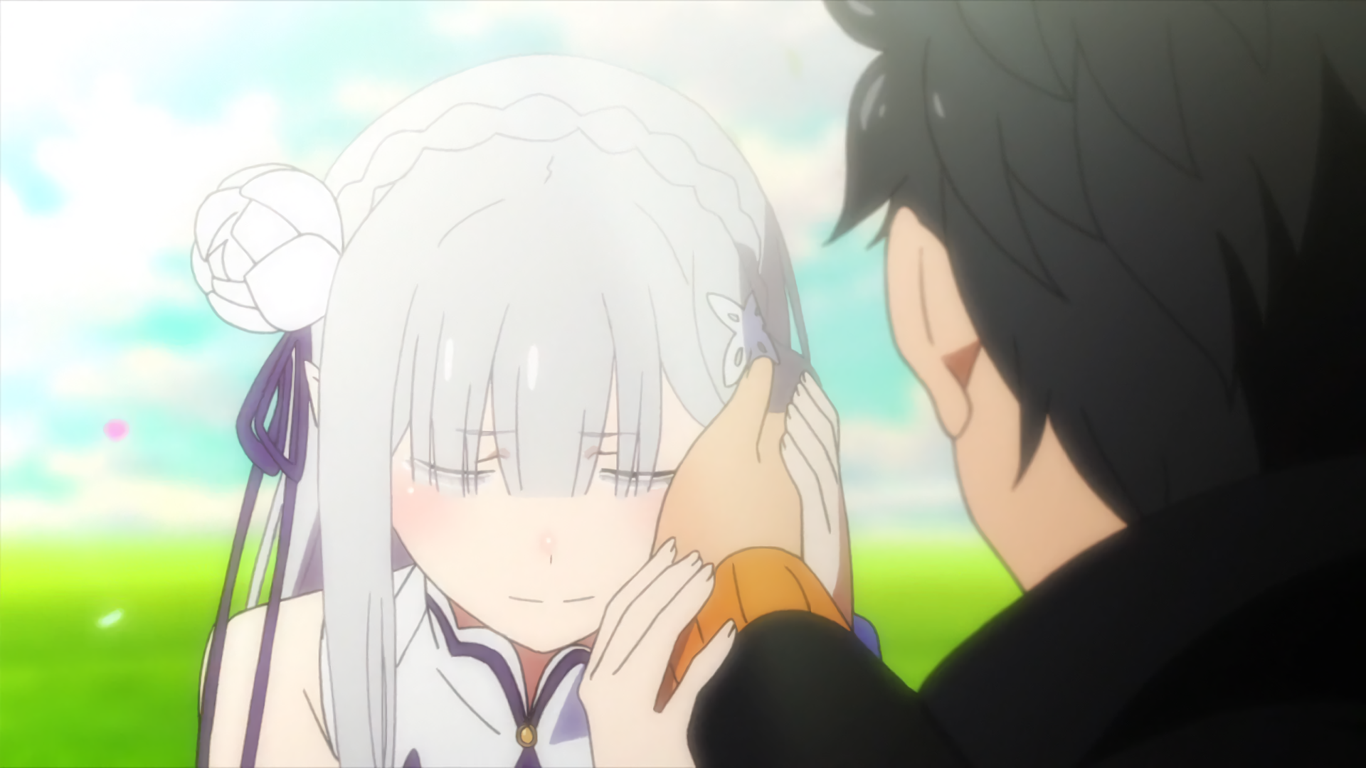 An emotional scene from Re:Zero - Starting Life in Another World featuring Subaru Natsuki and Emilia, set against a serene background, capturing a tender moment between the characters.