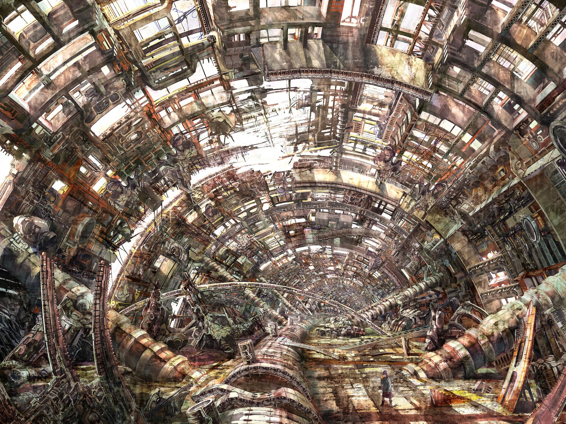 HD anime city wallpaper showing a detailed, intricate underground tunnel with complex pipes and industrial structures in a futuristic urban setting.