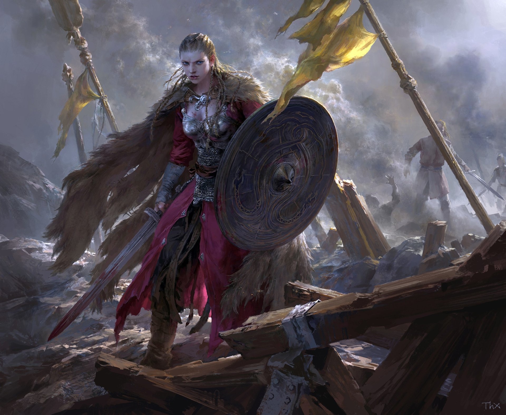 A fierce woman warrior with a braid and blue eyes stands confidently in a fantasy landscape, wielding a sword and shield, surrounded by a dramatic, battle-scarred backdrop.