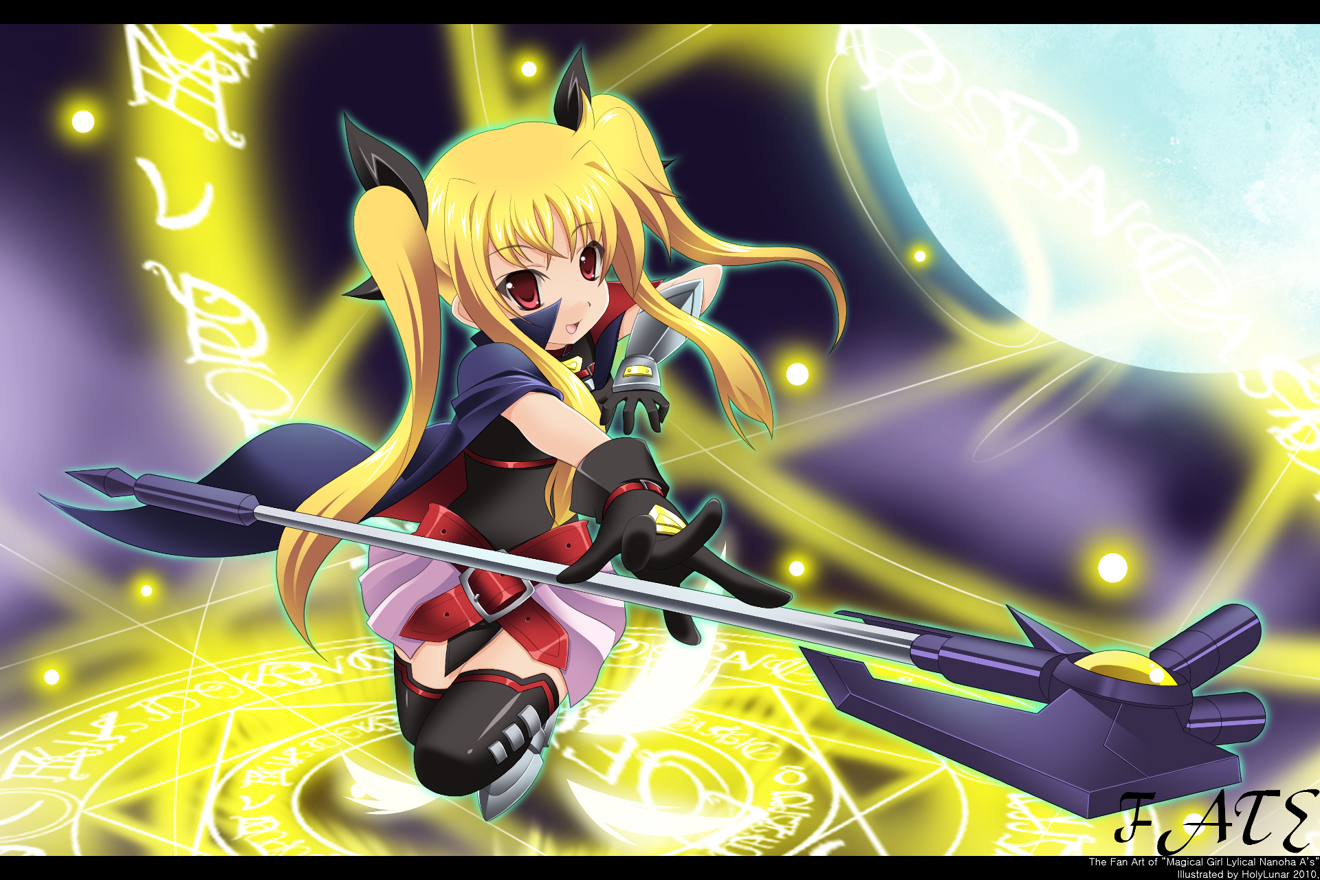 Anime HD PC desktop wallpaper and background featuring Magical Girl Lyrical Nanoha: a blonde twin‑tailed magical girl brandishing a purple staff amid glowing magic circles and a moonlit sky.