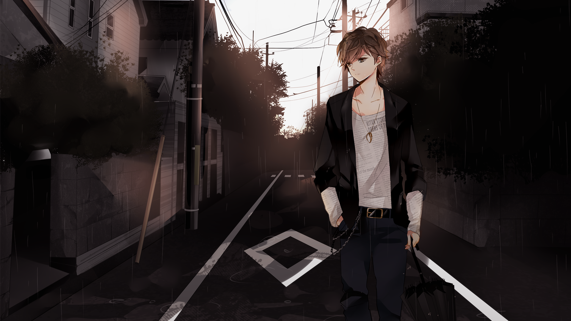 A young man in a black jacket walks down a rainy, empty street, surrounded by dark foliage. This HD anime wallpaper creates an atmospheric and moody background.