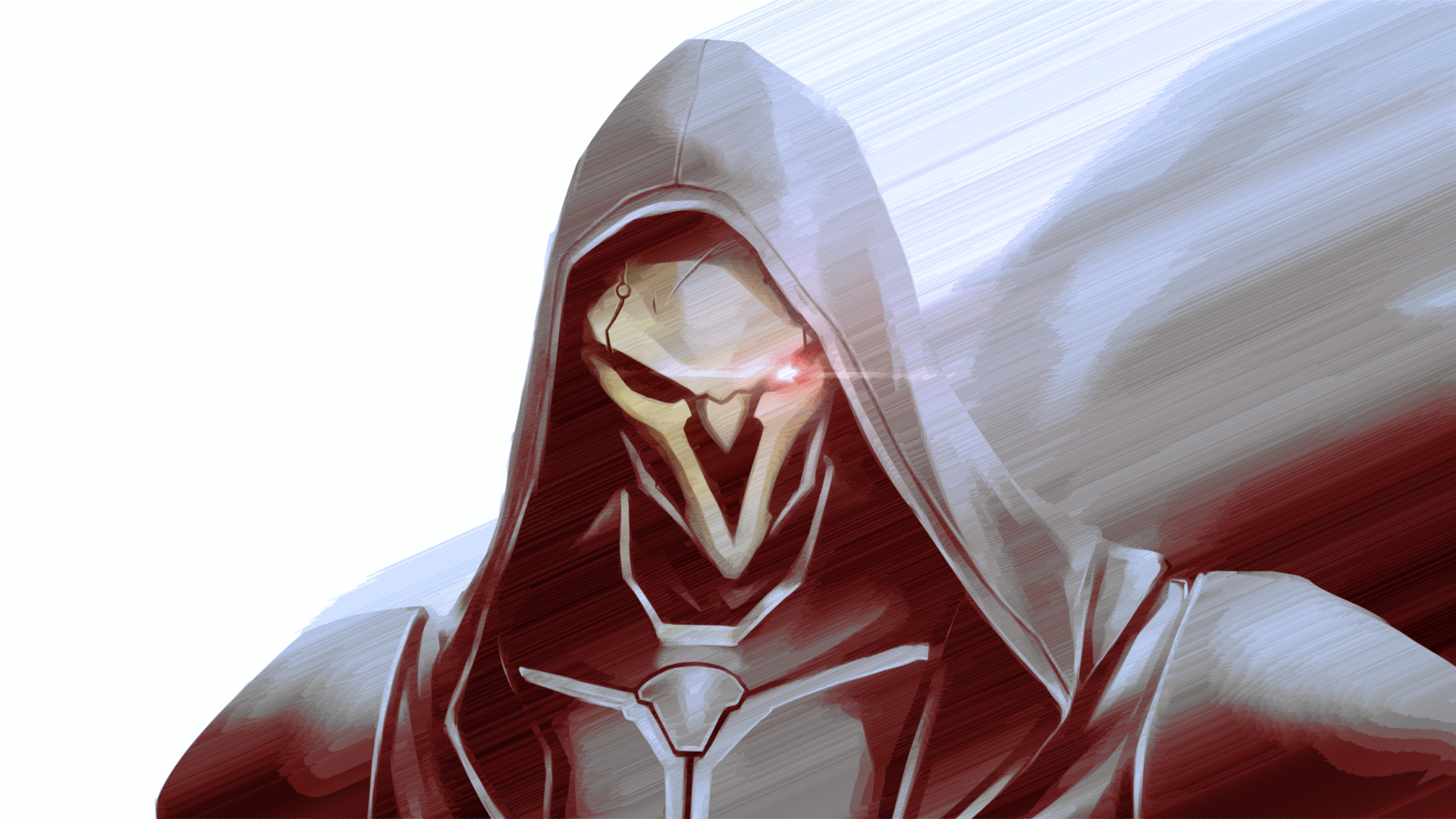 HD PC desktop wallpaper featuring Reaper, the dark, hooded character from the video game Overwatch, with glowing red eyes and a menacing presence.