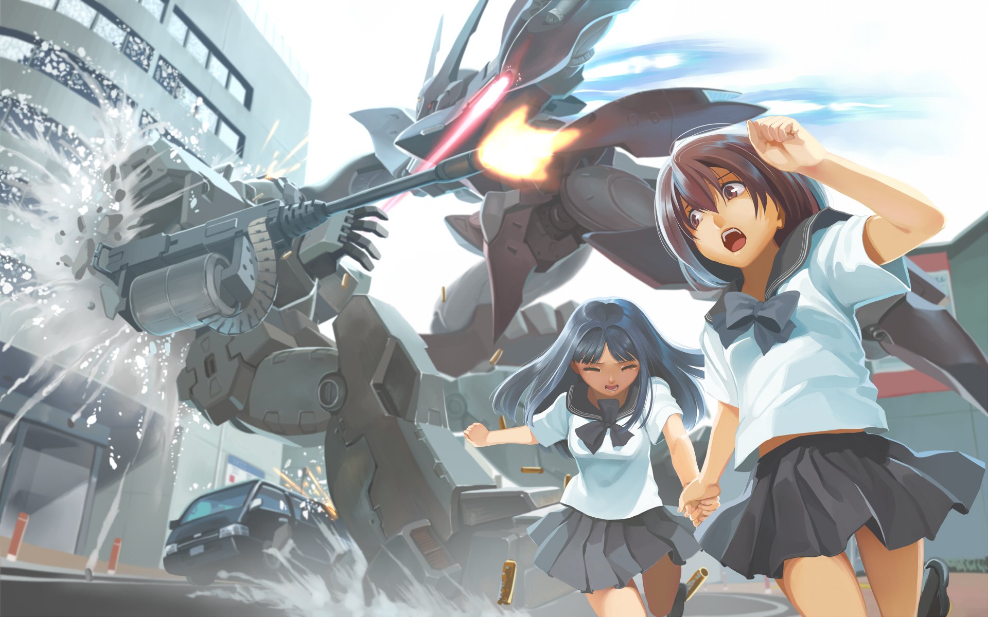 HD PC desktop wallpaper featuring an original anime scene with two schoolgirls fleeing from a colossal mecha firing its weapon in a city setting.