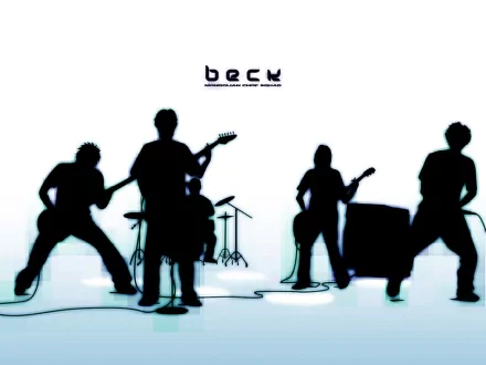 Silhouettes of a rock band performing against a light backdrop, featuring the title Beck at the top. This HD anime-inspired image serves as a vibrant desktop wallpaper.