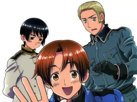 Anime HD PC desktop wallpaper of Hetalia Axis Powers: cheerful brown‑haired lead waving, flanked by two stern, uniformed companions against a clean white background.