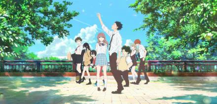HD desktop wallpaper featuring anime characters Naoka Ueno, Miyoko Sahara, Yuzuru Nishimiya, Tomohiro Nagatsuka, Satoshi Mashiba, Miki Kawai, Shouya Ishida, and Shouko Nishimiya from A Silent Voice.