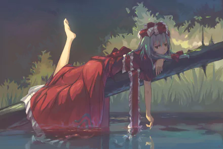 A serene 4K Ultra HD wallpaper featuring Hina Kagiyama from Touhou, portrayed lounging on a log by a tranquil water body, surrounded by lush greenery.