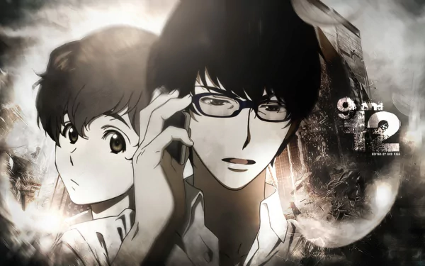 A dynamic HD wallpaper featuring characters Twelve and Nine from the anime Zankyou no Terror, set against a dark and moody background.