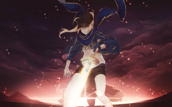 HD PC desktop wallpaper featuring Mysterious Heroine X from Fate/Stay Night, depicted in dynamic anime style with glowing sword and dark, swirling background.