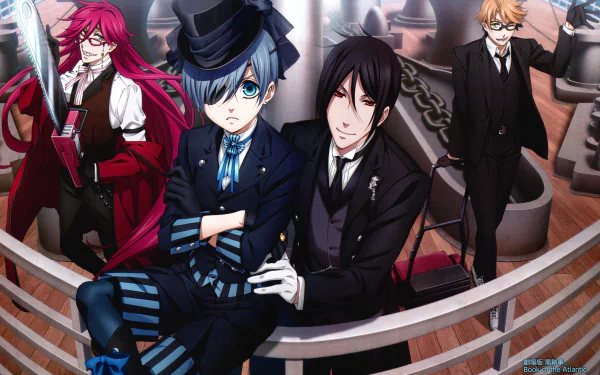 HD desktop wallpaper of characters from the anime Black Butler. Four characters are depicted on the deck of a ship, dressed in formal attire with various expressions.