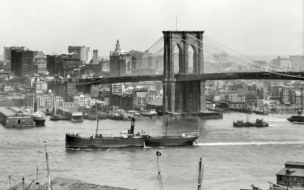 Man Made New York Cities United States City USA Bridge River Boat Building Black & White Brooklyn Bridge HD Wallpaper | Background Image
