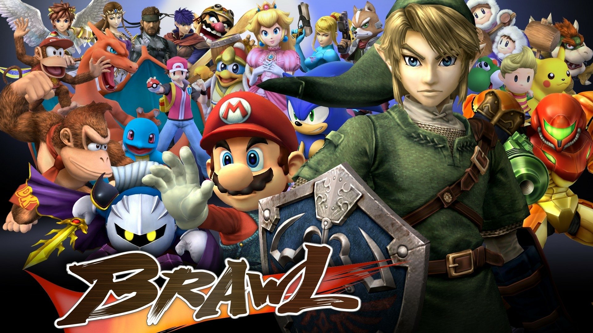 Video game HD PC desktop wallpaper and background featuring Super Smash Bros. Brawl characters: Link front and center with Mario, Peach, Donkey Kong, Meta Knight and a colorful ensemble cast.