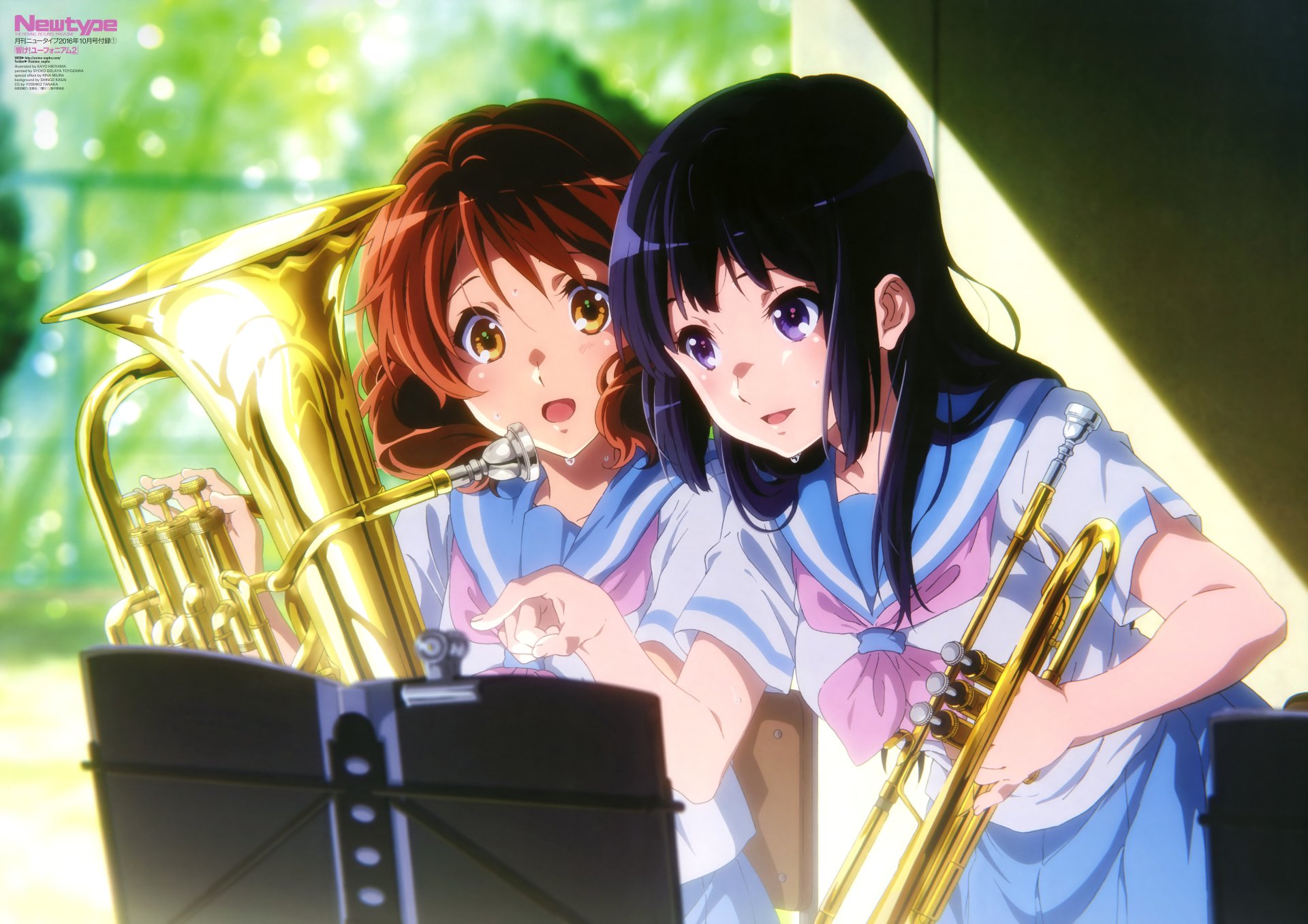 Two characters from the anime Sound! Euphonium play instruments in a vibrant setting, showcasing their passion for music in this stunning 8K Ultra HD wallpaper.