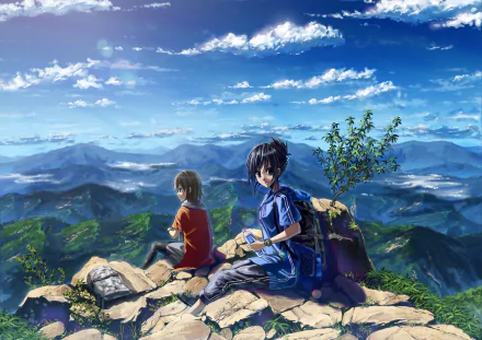 Anime original HD PC desktop wallpaper/background: two youths—one in a blue school uniform with a backpack, one in a red shirt—sit on a rocky mountaintop overlooking layered green mountains and a bright blue sky.