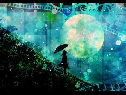A silhouette of a person holding an umbrella walks up a hill under a vibrant, abstract night sky, featuring a large moon and swirling colors. An engaging original anime-style wallpaper.
