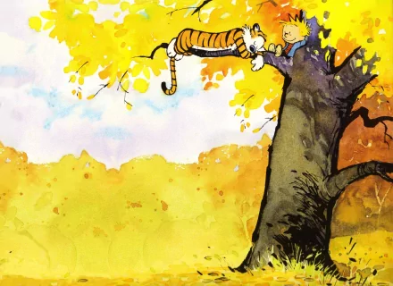 Calvin and Hobbes relaxing together in a vibrant autumn setting. The rich colors of the leaves add warmth to this HD desktop wallpaper inspired by the beloved comic.