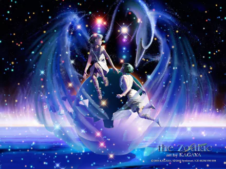 Artistic HD PC desktop wallpaper depicting the Gemini zodiac sign with two ethereal figures surrounded by cosmic light and stars, blending astrology with vibrant cosmic art.