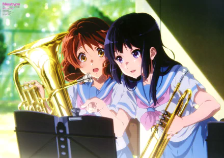 Two characters from the anime Sound! Euphonium play instruments in a vibrant setting, showcasing their passion for music in this stunning 8K Ultra HD wallpaper.